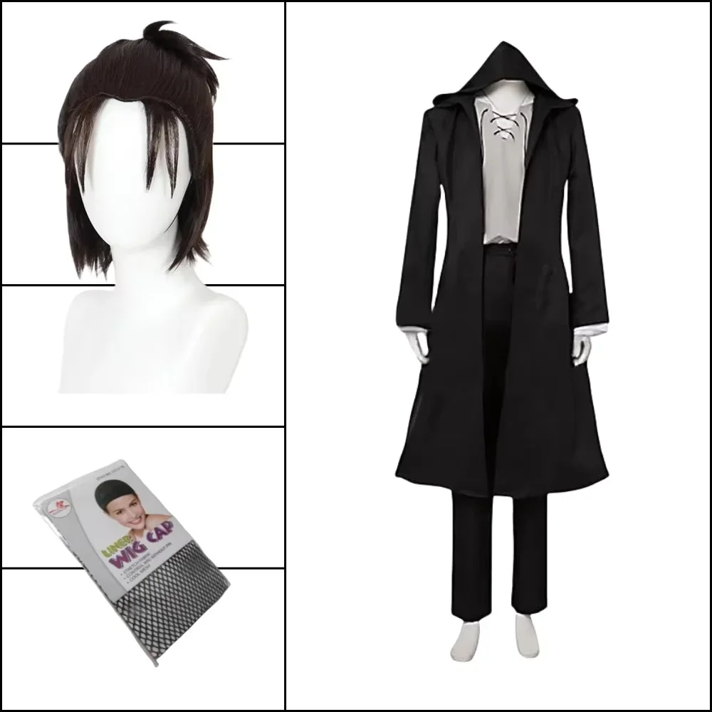 Anime Merchandise Clothes - 2026エレン・イェーガーコスプレ衣装アニメタイタンコスチュームウィッグコスプレエレン・イェーガーブラックフード付きトレンチTシャツパンツハロウィン服